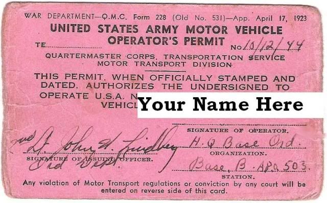 US Army Motor Vehicle Operators Permit - G503 Military Vehicle Message