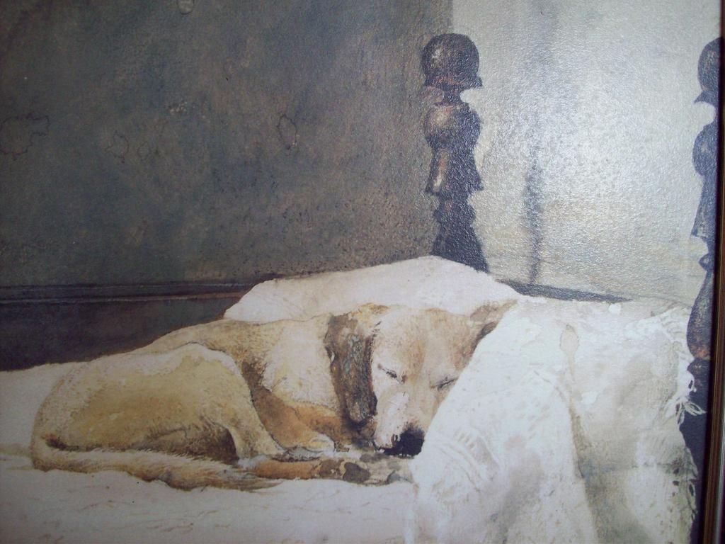 Master Bedroom FRAMED Andrew Wyeth yellow lab on bed dog on a bed dog