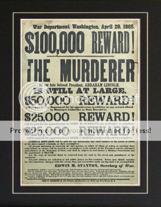 1st Abraham Lincoln Assassination Reward Wanted Poster  